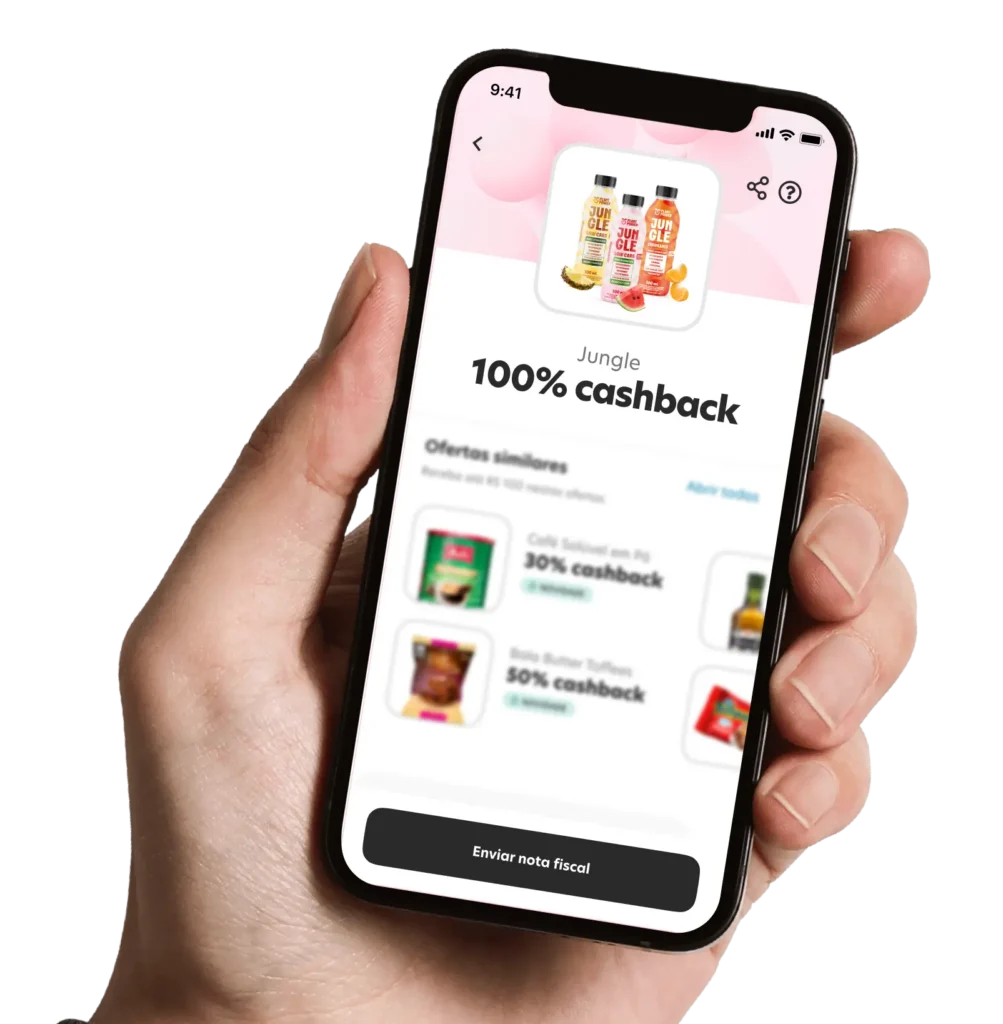 Imagem de celular com aplicativo Méliuz aberto mostrando tela com "100% de Cashback"
